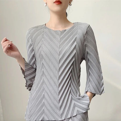 2026 Spring New Women Handmade Pleated Pants Set Comfortable Casual Seven Sleeve T-Shirt Top Loose Wide Leg Pants 2 Piece Set