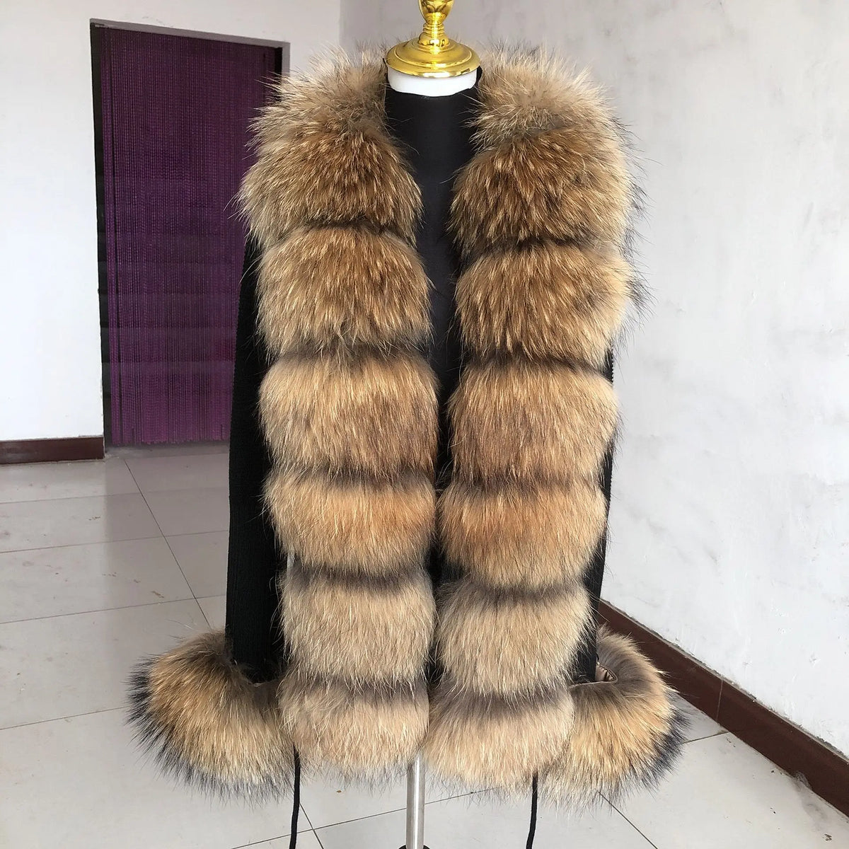 Women's Real Fox Fur Cardigan Jacket Spring and Autumn with Knitted Sweaters and Real Fox Fur Collar Women Raccoon Fur Cardigan