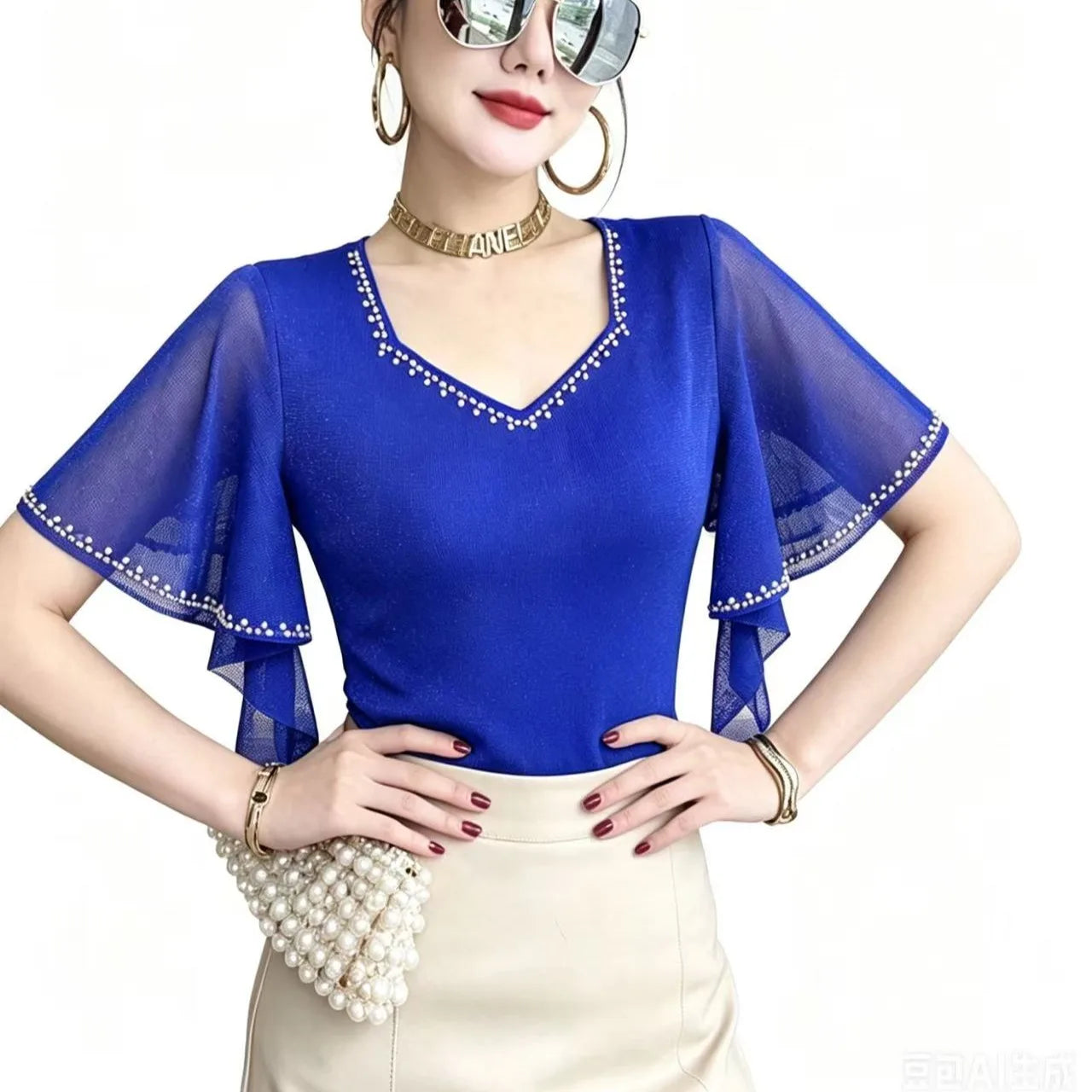 2026 Summer New Diamond Shirt Short sleeved Mesh Tops Slim Korean Fashion Bright Silk Women T Shirt