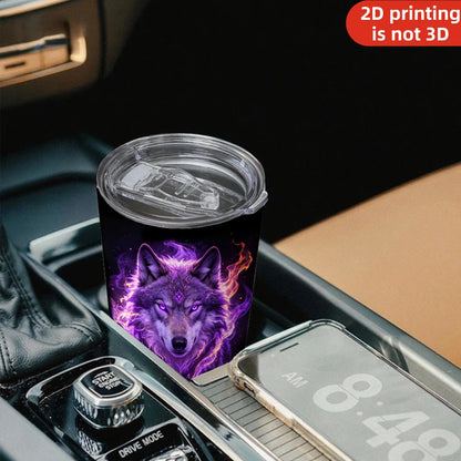 20oz Glowing Purple Fire Wolf Printed Stainless Steel Tumbler with Lid and Straw, Mystical Fantasy Spirit Animal Dark Gothic Vacuum Insulated Travel Coffee Mug Gifts for Men Women
