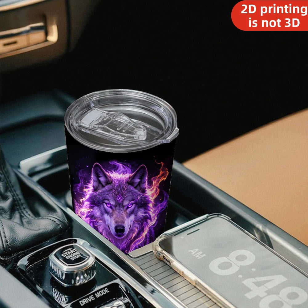 20oz Glowing Purple Fire Wolf Printed Stainless Steel Tumbler with Lid and Straw, Mystical Fantasy Spirit Animal Dark Gothic Vacuum Insulated Travel Coffee Mug Gifts for Men Women