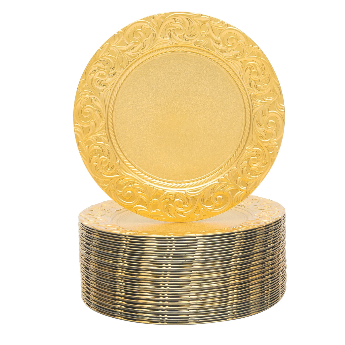 100-Pack Gold Charger Plates – Pp – 13" Embossed Rim – Spray Painted – Stackable – Elegant Wedding Banquet Party Table Decor