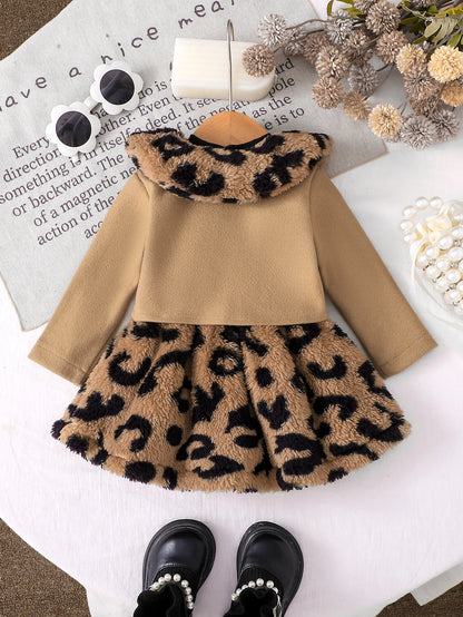 Baby Girl's "Little Princess" Leopard Print Plush Dress + Lapel Short Coat Set, Warm and Stylish Two-Piece Set for Autumn and Winter