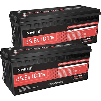 Dumfume 24V 100Ah LiFePO4 Lithium Battery With 100A BMS 2560W Power Output Solar Off-grid Systems Trolling Motor RV Home Backup
