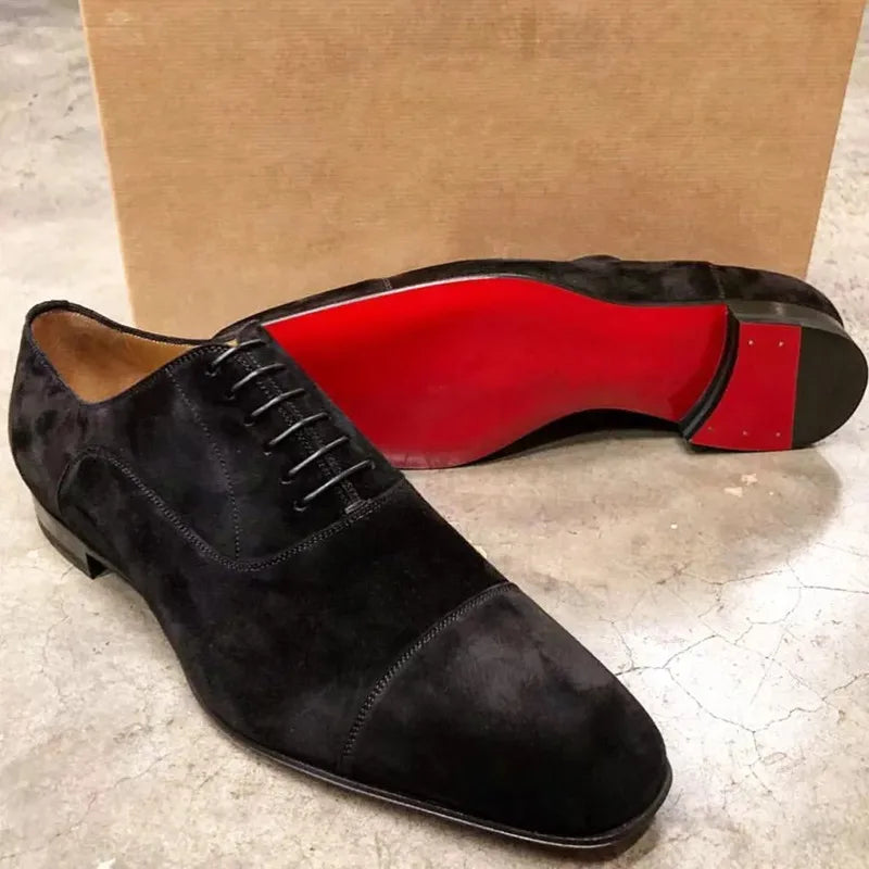 New Red Sole Men Shoes Black Flock Derby Shoes Breathable Lace-up Handmade Men Shoes  Chaussures Pour Hommes