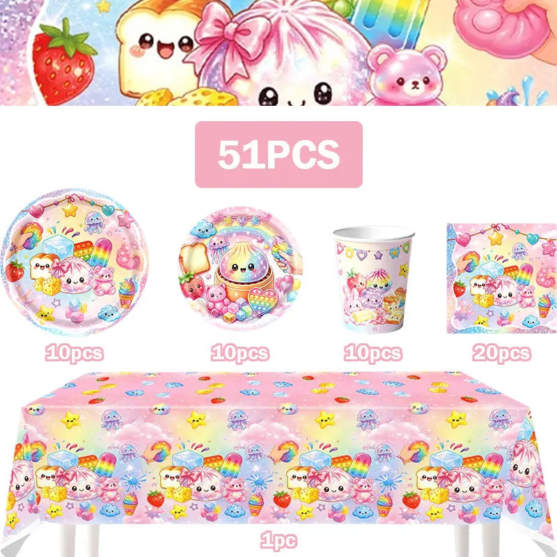 Squishy Bao Bun Themed Birthday Party Decorations Set Tableware Paper Plates Cups Cute Squishy Gift Bags Balloon Banner Supplies