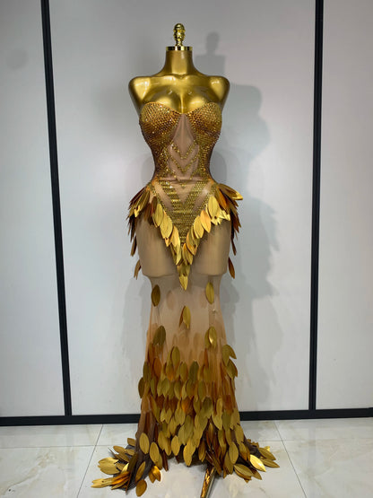 Women Sexy Strapless Mesh Maxi Long Dress Sparkly Gold Rhinestone Sequin Evening Party Gown Luxury Nightclub Birthday Prom Dress