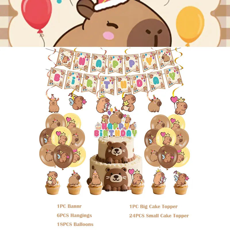 Capybara Decoration Birthday Party Favors Tableware Set Cup Plate Balloons Gift Bags Happy Banner Cake Topper Supplies for Girls