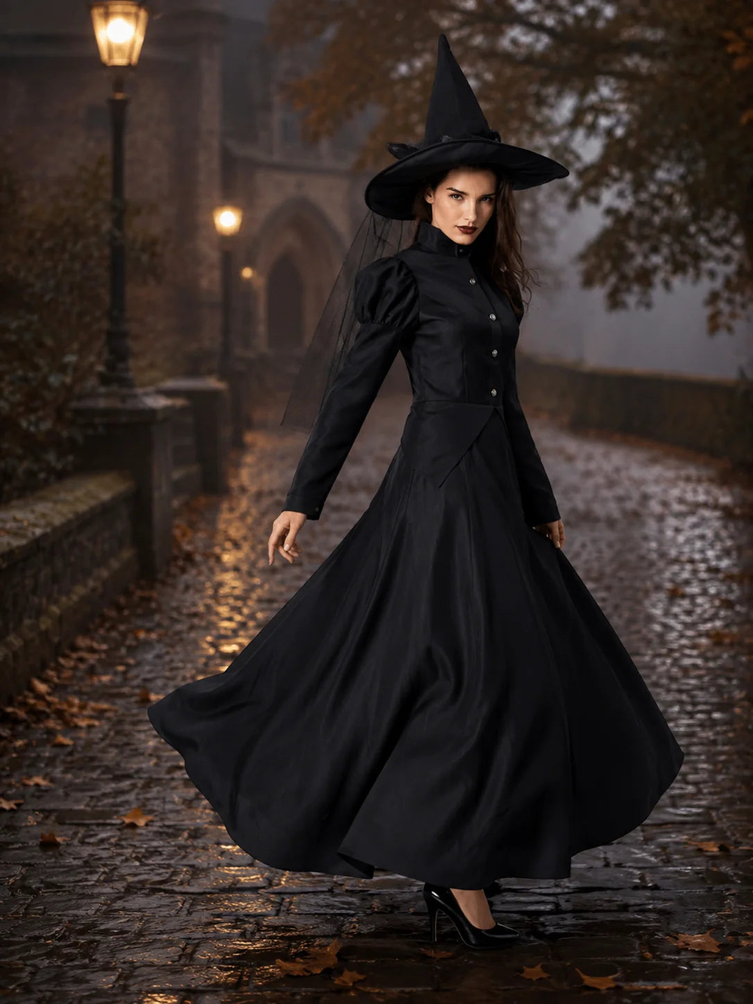 Family Matching Witch Costume for Women Girls, Classic Black Long Gown with Pointed Hat, Halloween Carnival Theme Party Cosplay Fancy Dress‑up