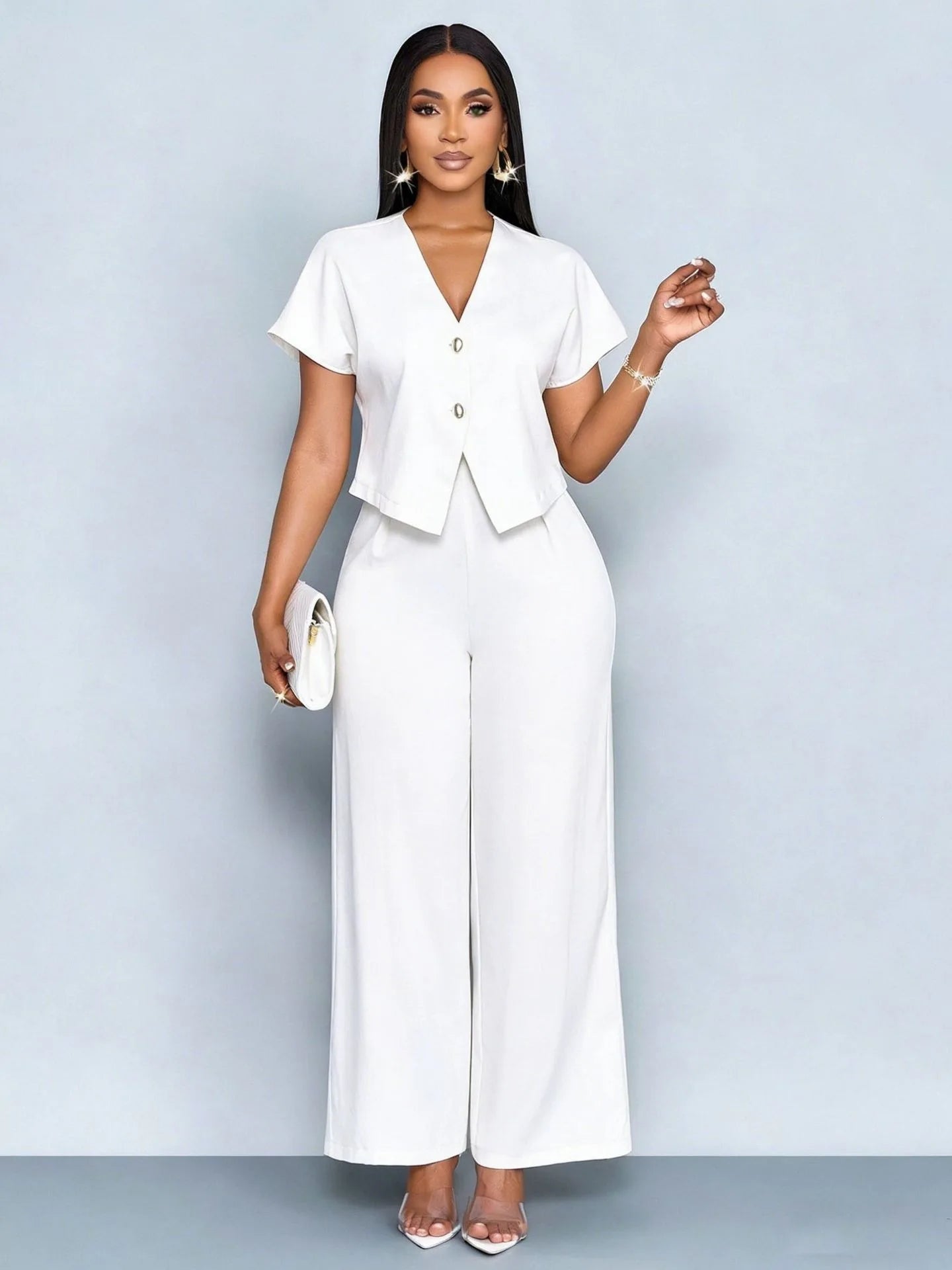 Summer Elegant 2 Piece Suit For Women V Neck Short Sleeve Blouse Top High Waist Wide Leg Pants Set Casual Business Office Outfit
