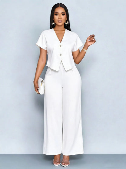 Summer Elegant 2 Piece Suit For Women V Neck Short Sleeve Blouse Top High Waist Wide Leg Pants Set Casual Business Office Outfit