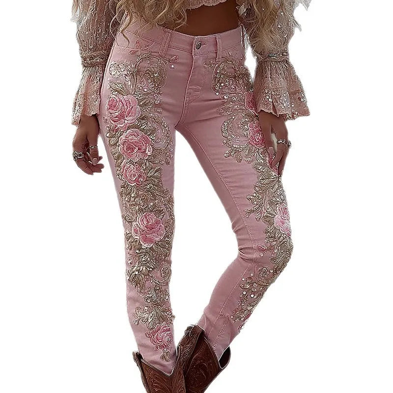 Floral Print Straight Leg Jeans for Women Fashion Denim Pants European
