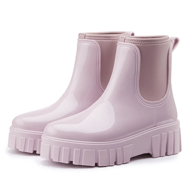 PVC Fashion Rain Boots Shoes For Women Solid Anti-slip Wear-resistant Thick Soled Shoes Low Cut High Top Round Toe Waterproof Water Shoes