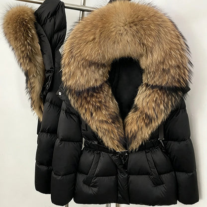 OFTBUY New Fashion Winter Clothes Women Duck Down Coat with Big Natural Fur Collar Belt Hooded Real Fox Fur Puffer Jacket Female