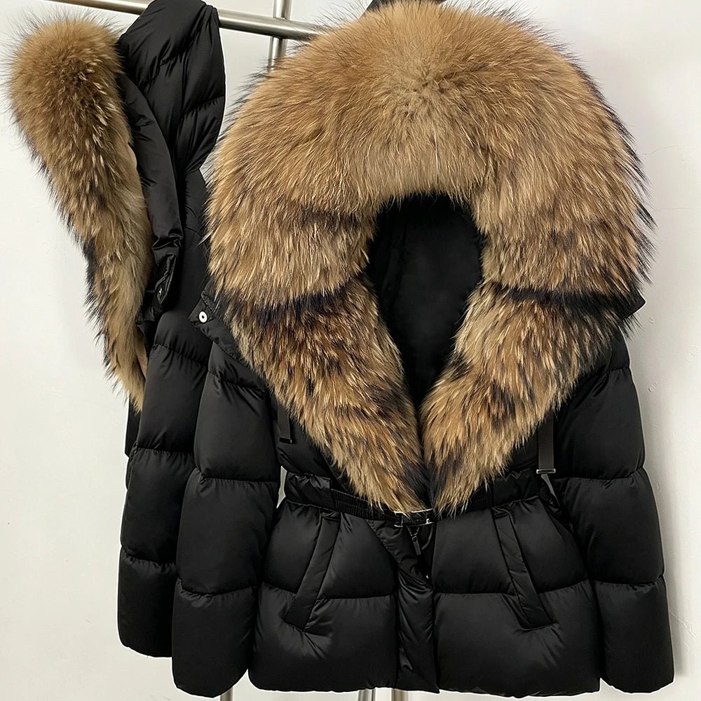 OFTBUY New Fashion Winter Clothes Women Duck Down Coat with Big Natural Fur Collar Belt Hooded Real Fox Fur Puffer Jacket Female