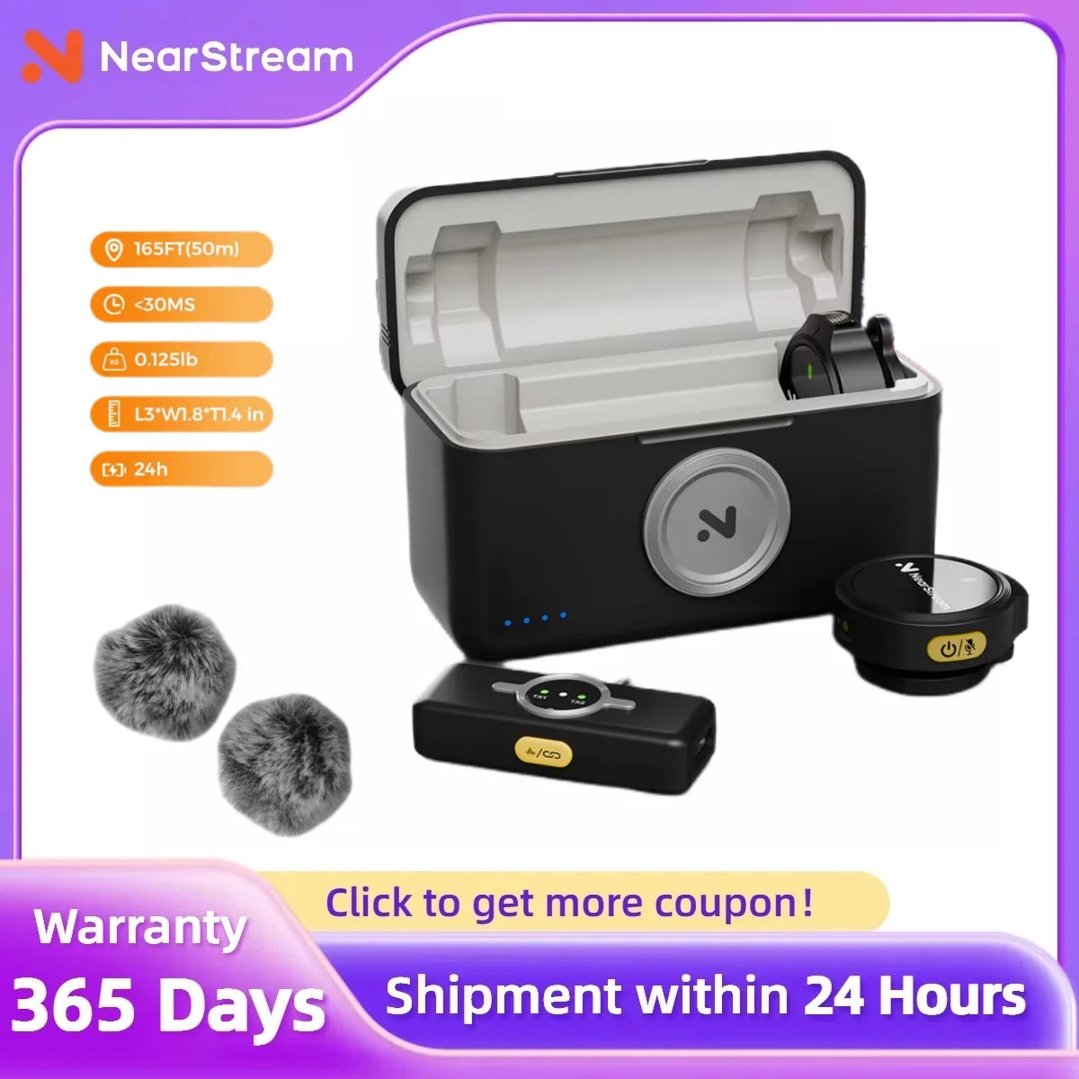 NearStream AWM25T 1-to-2 Magnetic Wireless Lavalier Microphone, ENC Noise Canceling, 65Ft Low Latency, 24H Battery Charging Case, One-Tap Mute, Plug & Play Mic for iPhone Android Laptop PC