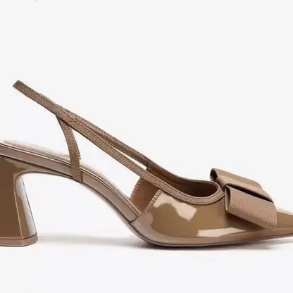 Summer New Women's Shoes with Black Bow Decoration, Exposed Heels, Thick Heels, Pointed High Heels, Shallow Sandals