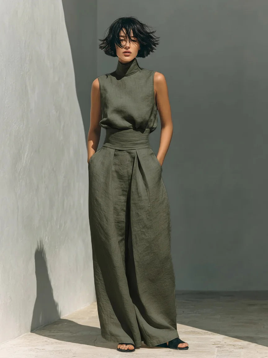 Women's Elegant Commuting Two-piece 2026 Fashionable High Neck Sleeveless Top Paired With Casual High Waisted Wide Leg Pants Set
