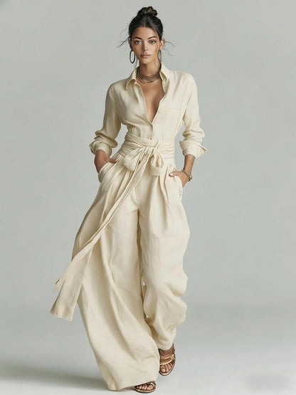 Temperament Female Two Piece Set Summer Fashion Lapel Strap Design Wide Leg Pants Suit With Pocket Lady High Waist Office Outfit