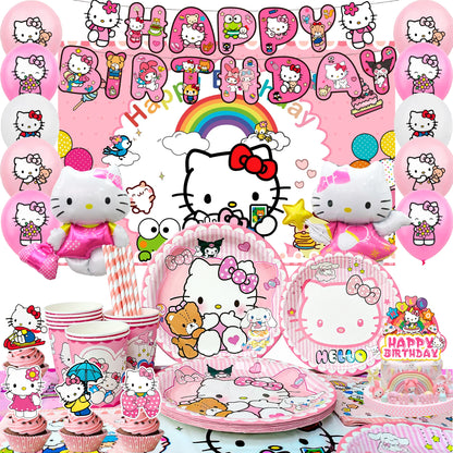 124 Pcs Hello Kitty Party Decorations & Tableware Set - Kitty Plates Backdrop Balloon Banner Etc Hello Kitty Birthday Decoration