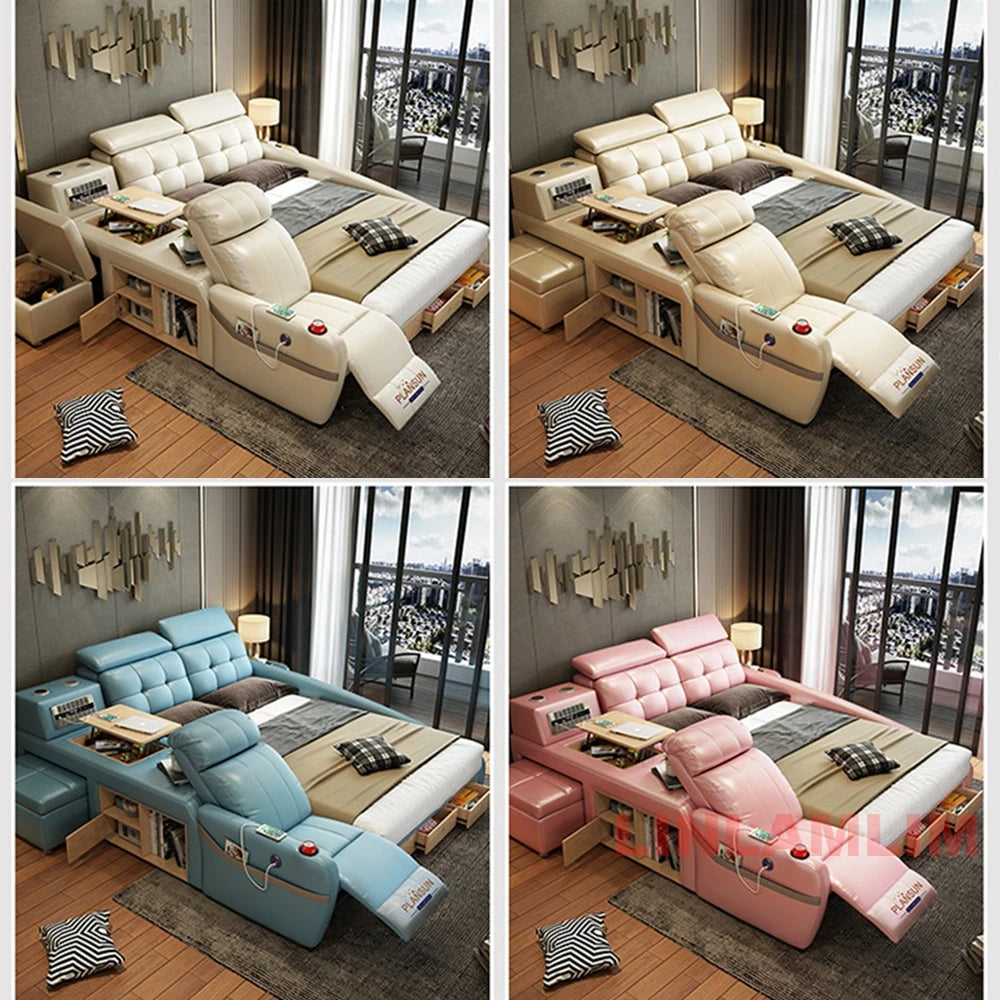 Ultimate Tech Smart Genuine Leather Bed with Massage Chair, Speaker, Air Purifier & USB – Luxury Multifunctional Platform Bed
