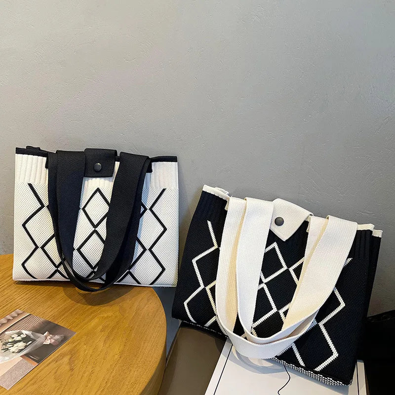 Rhombus Line Knitted Hand Bag Female All-Match Snap Button Portable Tote Bag Large Capacity Student Fine Needle Wallet Autumn