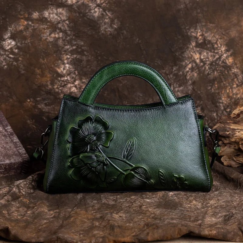 Floral Women Genuine Leather Tote Bag Retro Real Cow Leather Handbag Vintage Ladies Cowhide Shoulder or Crossbody Bags