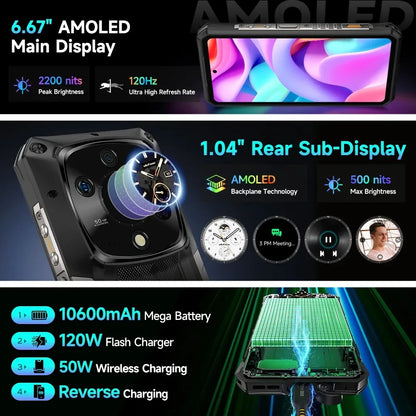 Ulefone Armor 28 Pro 5G AI Rugged Phone 6.67”AMOLED 64MP Smartphone 120W MTK Dimensity 7300 10600mAh 512GB ROM Mobile Phone
