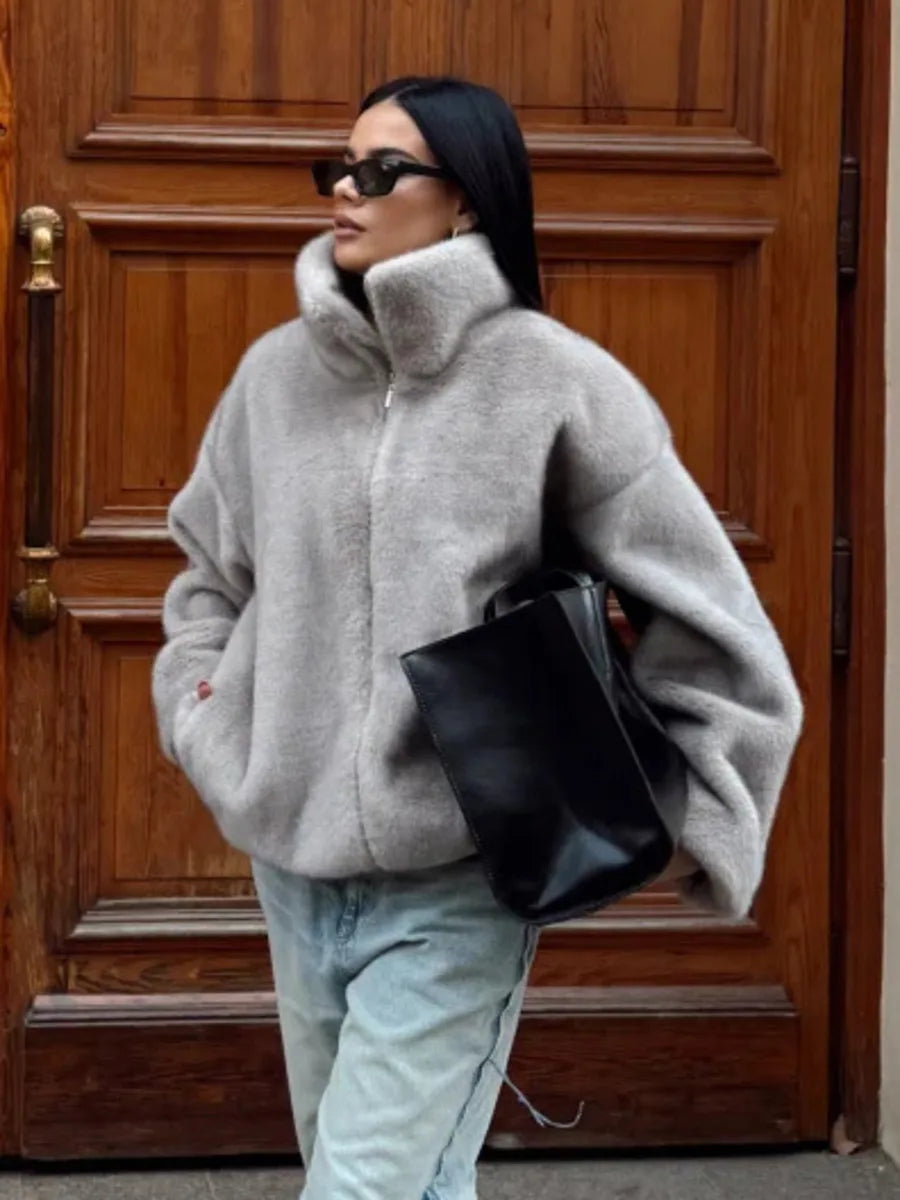 TOKO 2026 New Women High Collar Zip Up Faux Fur Cropped Jacket Drop Shoulder Wide Long Sleeve Gray Silky Plush Loose Fit Coat