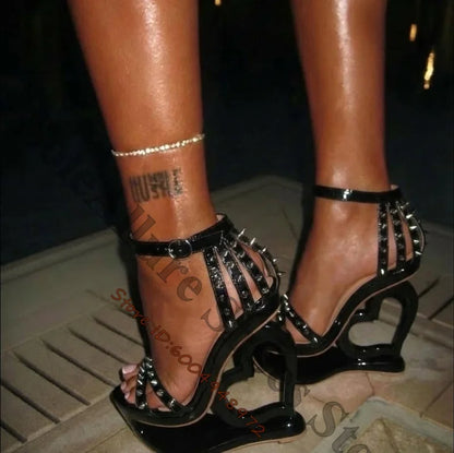 Hot Pink Spike Stud Caged Heart Cutout Wedge Sandals Gloss Patent Ankle Buckle Hollow Sculptural Platform Heels Y2K Trend Sandal