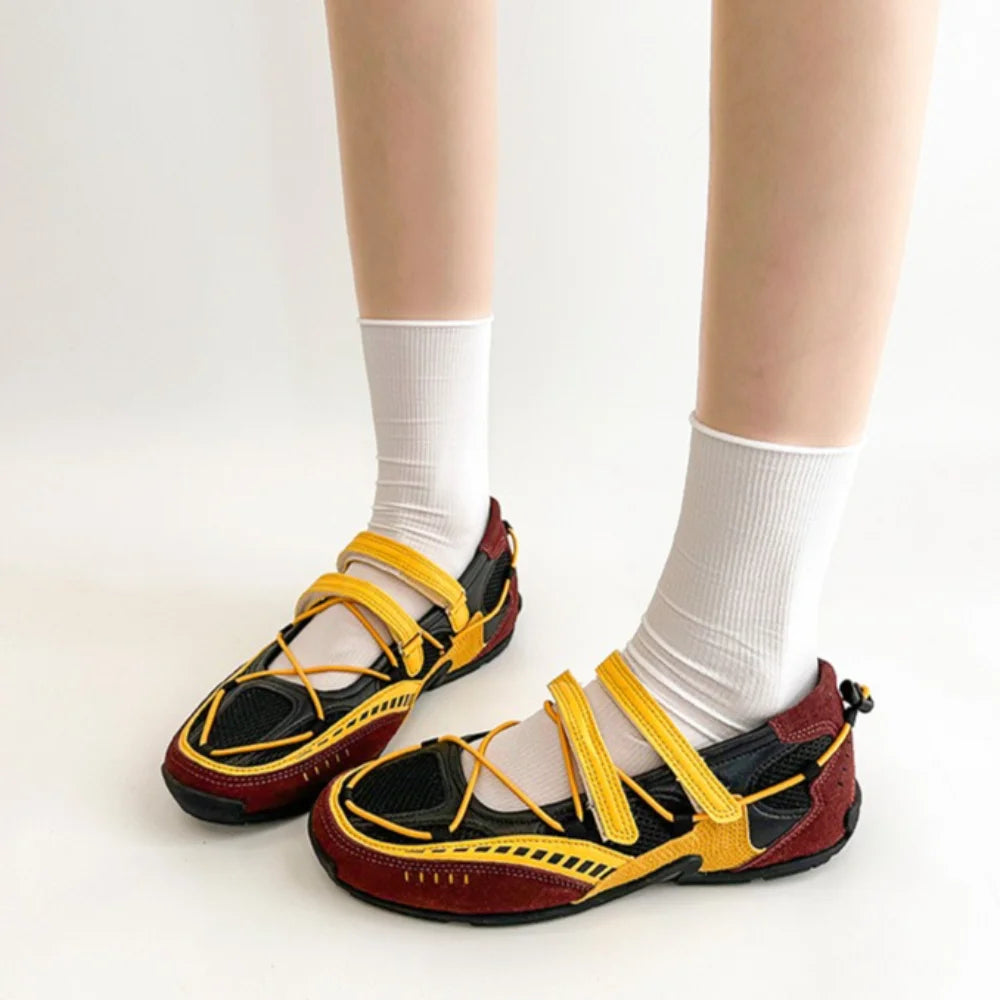 Silver Fashionable Casual Mesh Shoes Women's Summer New Magic Tape Thin Breathable Sports Mary Jane Single Shoes