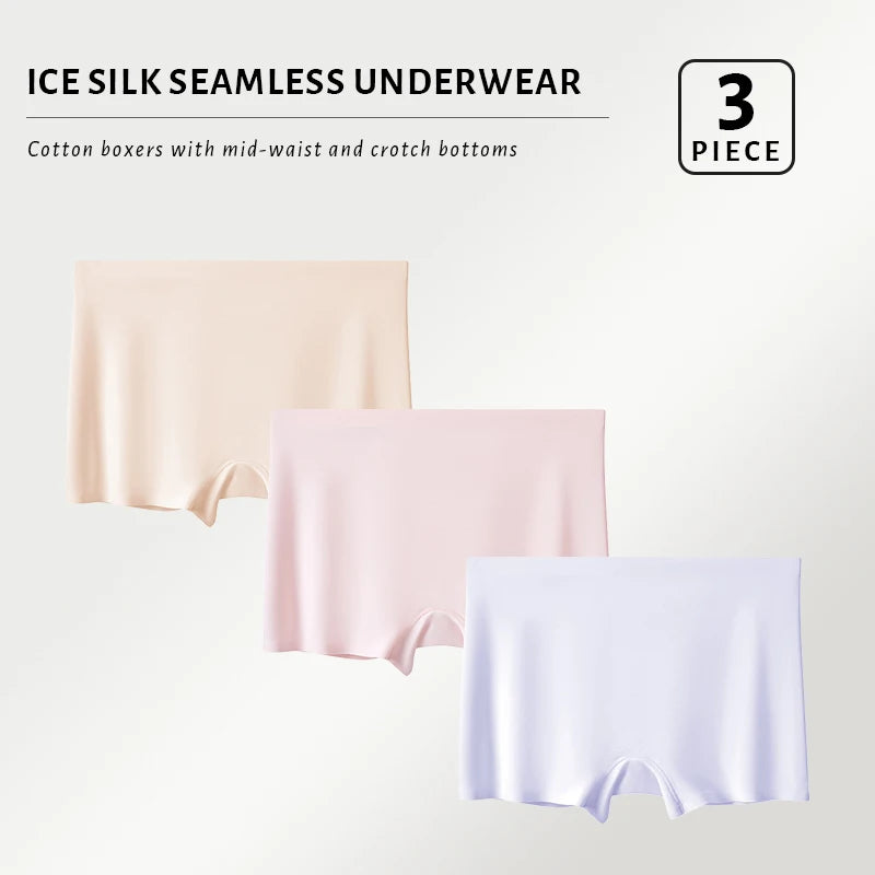 FallSweet 3PCS Seamless Ice Silk Boxers for Women Safety Panties Underwear Plus Size Underpants Soft Invisible Boyshorts M/L/XL