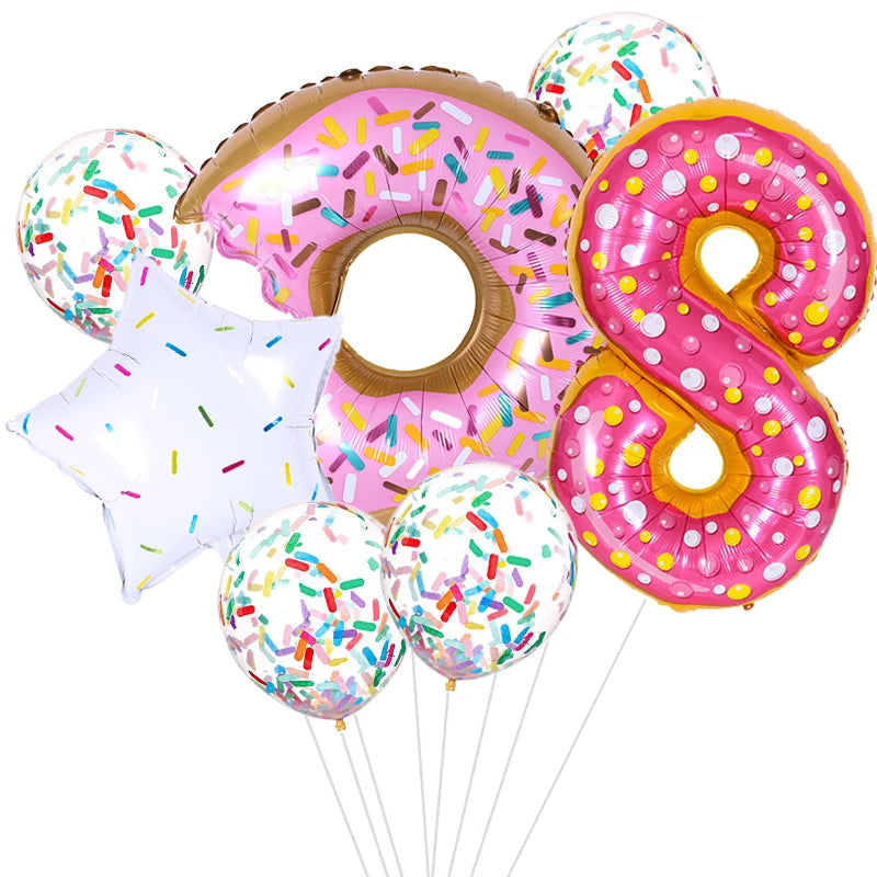 7pcs Donut Number Foil Balloons Set 1st 2nd Girls Birthday Party Decorations Candy Confetti Balloon Baby Shower Wedding Globos