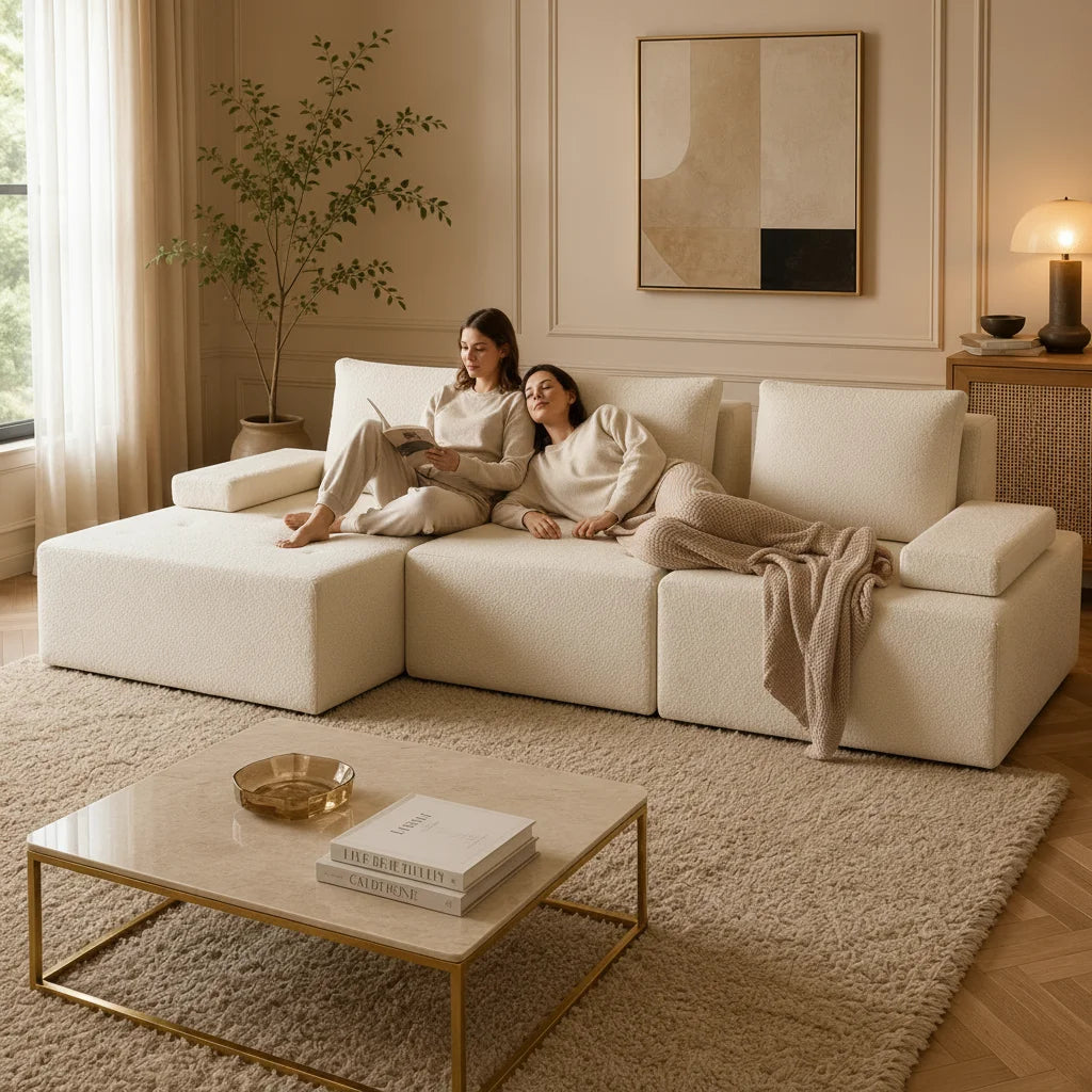 #Modern L Shape Sectional Sofa Cream White Fabric Deep Seat Cloud Modular Living Room Sofa Luxury Nordic Style Home Sofa Set