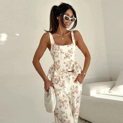 Urban Print Top Pants Women Set Sling Backless Slash Neck Blouse Wide Leg Trousers 2026 Spring Summer Holidays Lady Outfit