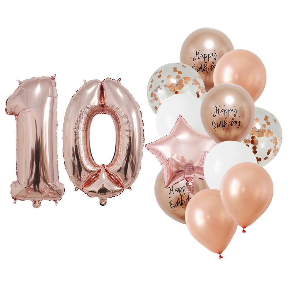 13 Pcs Rose Gold Mixed Balloons 32 Inch Foil Number Ball 10 11 12 13 14 15 Years Old Girls Birthday Party Decorations Supplies