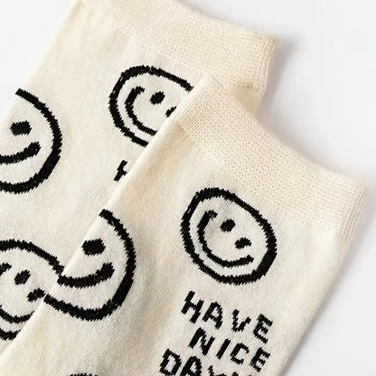 5/1 Pairs Happy Face Crew Socks , Cartoon Cat Breathable Cotton Mid Tube Socks, Women's Stockings & Hosiery