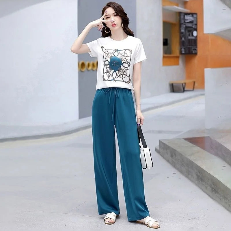 Women Suit 2025 Summer New Korean Style Short Sleeve Tops Fashion Wide Leg Pants 2 Two Piece Set Casual Plus Size Female Outfits