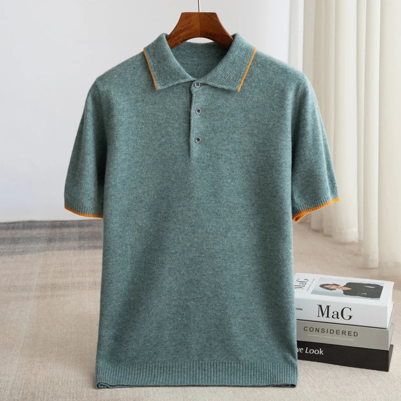 100% Merino Wool Men's Lapel Short Sleeved Sweater T-Shirt New Knitted Casual Business Men's Pullover Sweater Wool T-Shirt Summe