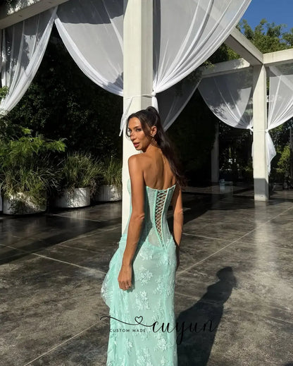 CUYUN Customized Luxury Lace Prom Dresses Women High Slit Sexy Corset Back Long Party Gown Floor-Length Evening Dress Summer