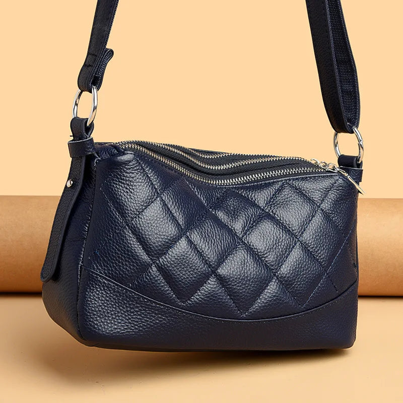 Real leather triple zipper women's large capacity shoulder bag lightweight Rhombus commuting crossbody bag