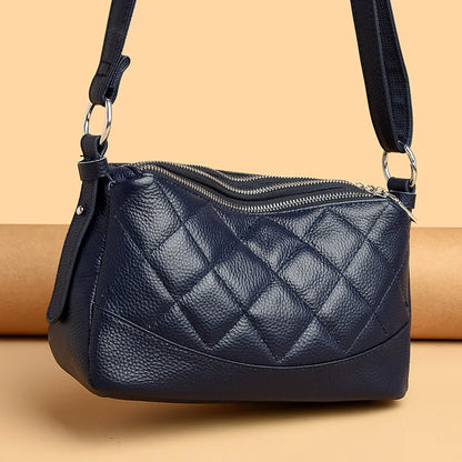 Real leather triple zipper women's large capacity shoulder bag lightweight Rhombus commuting crossbody bag