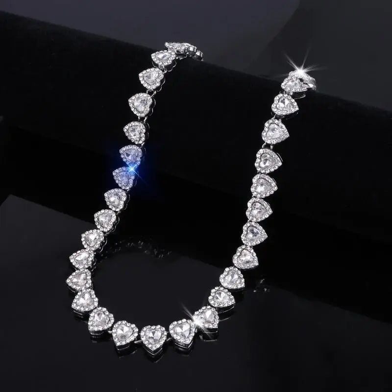 45CM New Hip Hop Tennis Chain Bracelet Necklace Shiny Heart Rhinestone