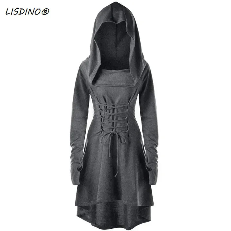 Medieval Cosplay Renaissance Archer Costumes Hooded Robe Lace Up Pullover Long Hoodie Dress Cloak Halloween Party