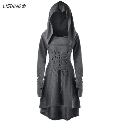 Medieval Cosplay Renaissance Archer Costumes Hooded Robe Lace Up Pullover Long Hoodie Dress Cloak Halloween Party