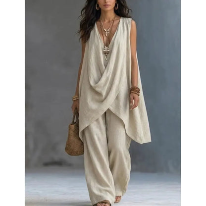 Women's Fashion Cotton Linen Irregular Sleeveless Long Tops 2-piece Set Spring Summer New Casual Wide-leg Trousers Female Suit