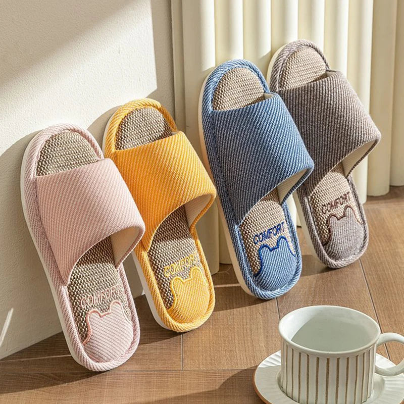 Women Linen Slippers Four Seasons Women Indoor Sandals Adults Cartoon Slides Couples Open toed Breathable Home Shoes
