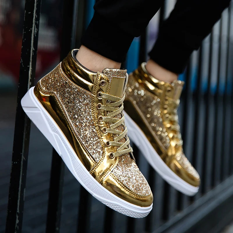 Men's Glitter High Top Sneakers Shiny Party Stage Shoes Casual Fashion Footwear Tênis Alto Brilhante Zapatillas Altas Brillantes