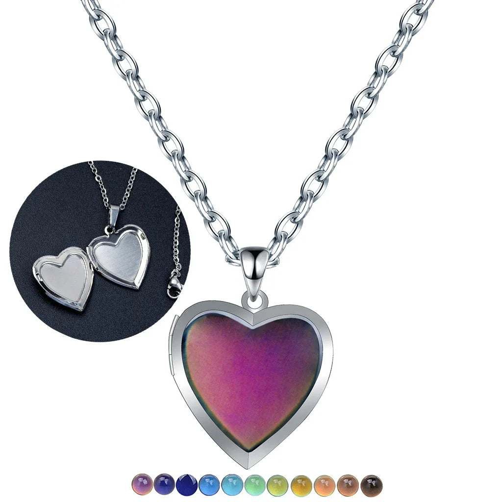 Heart Mood Locket Necklace Color Changing Necklace Temperature Mood Stainless Steel Love Shape Photo Pendant Necklace Jewelry