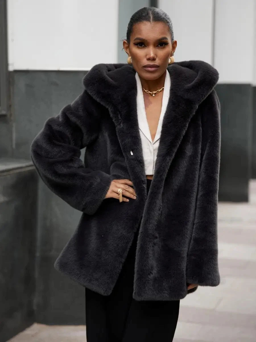2026 Autumn Winter Women Faux Mink Fur Jacket Hooded Lapel Collar Open Front Mid Long Fluffy Coat